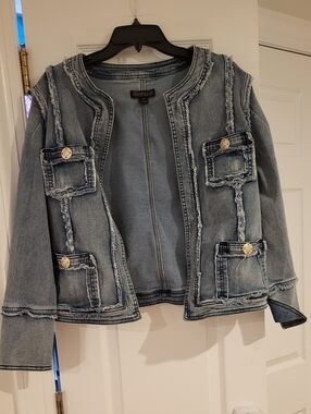 Renuar Distressed Light Wash Denim Jacket with Patch Pockets - Blue